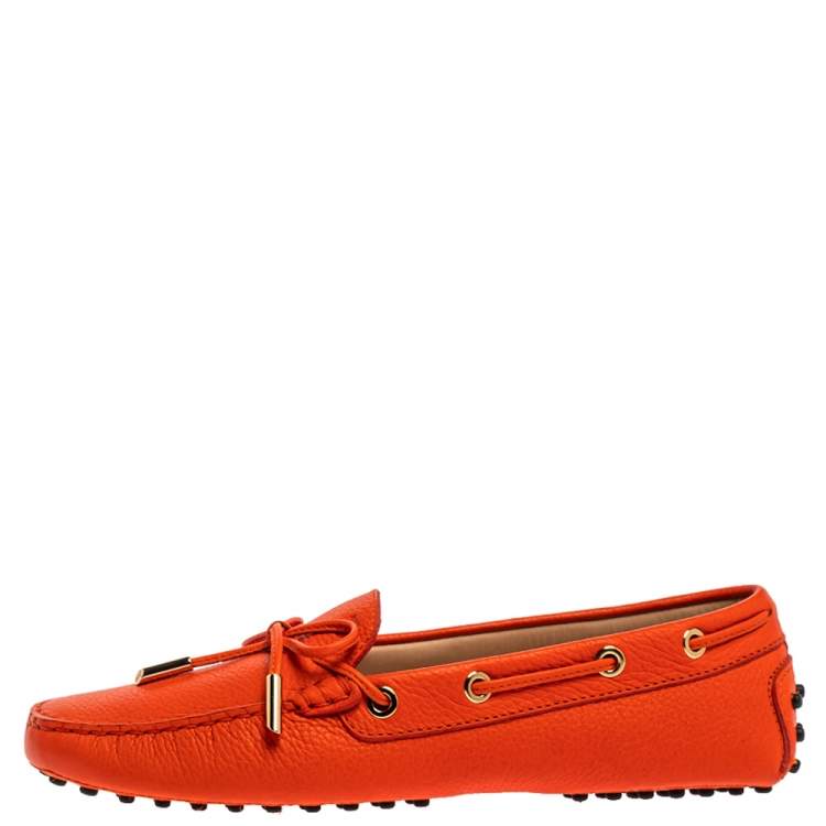 Pre Owned Tod's Orange Leather Gommino Bow Loafers Size 37.5