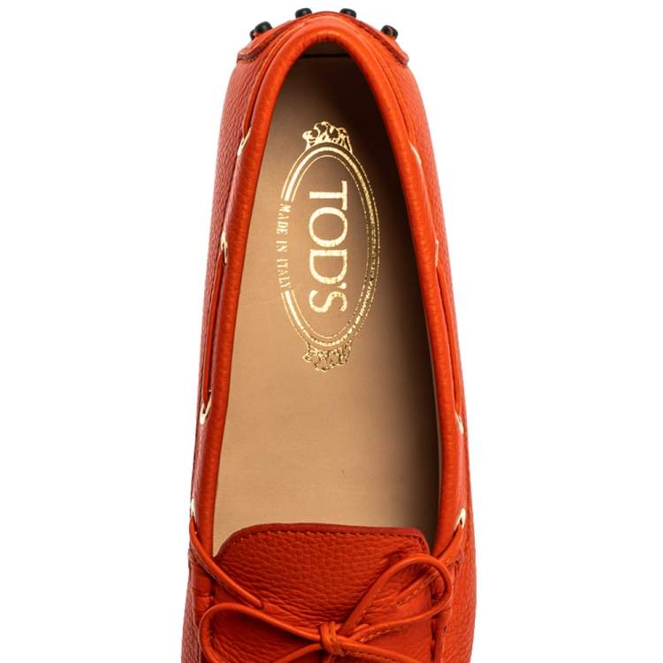 Pre Owned Tod's Orange Leather Gommino Bow Loafers Size 37.5