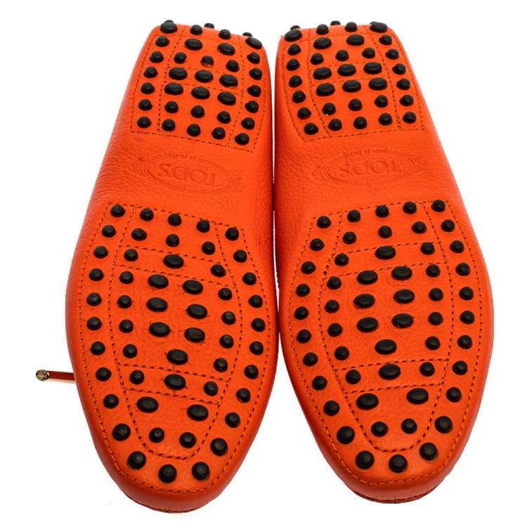 Pre Owned Tod's Orange Leather Gommino Bow Loafers Size 37.5