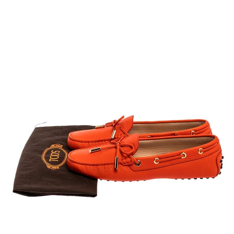 Pre Owned Tod's Orange Leather Gommino Bow Loafers Size 37.5