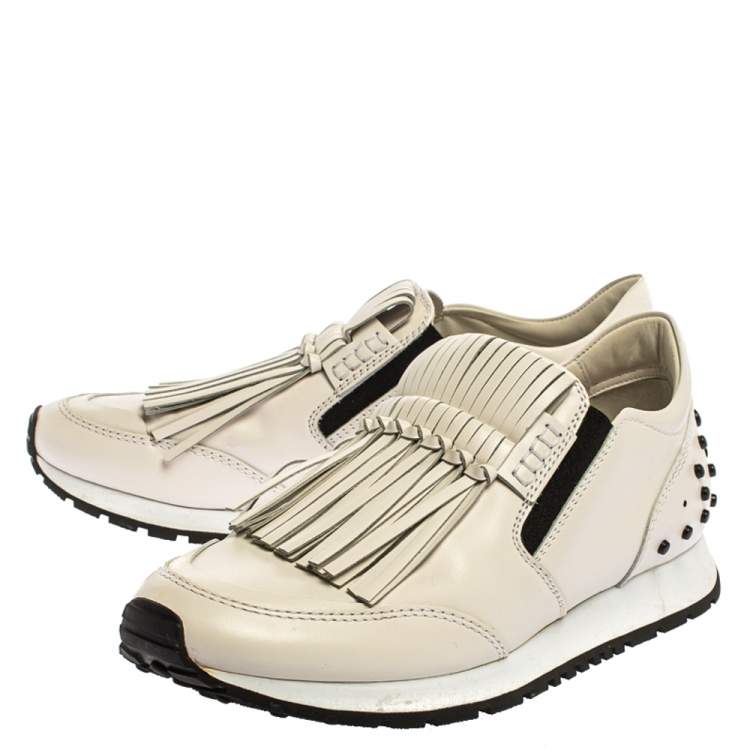 Pre Owned Tod's White Leather Fringe Detail Low Top Sneakers Size 37