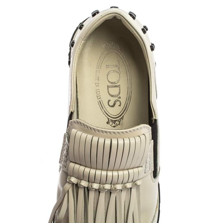 Pre Owned Tod's White Leather Fringe Detail Low Top Sneakers Size 37