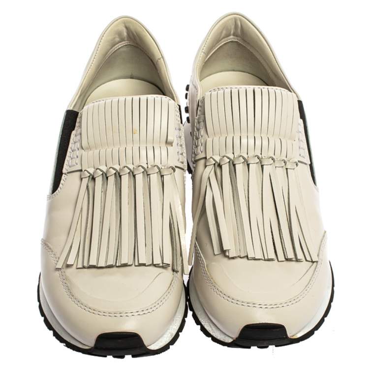 Pre Owned Tod's White Leather Fringe Detail Low Top Sneakers Size 37