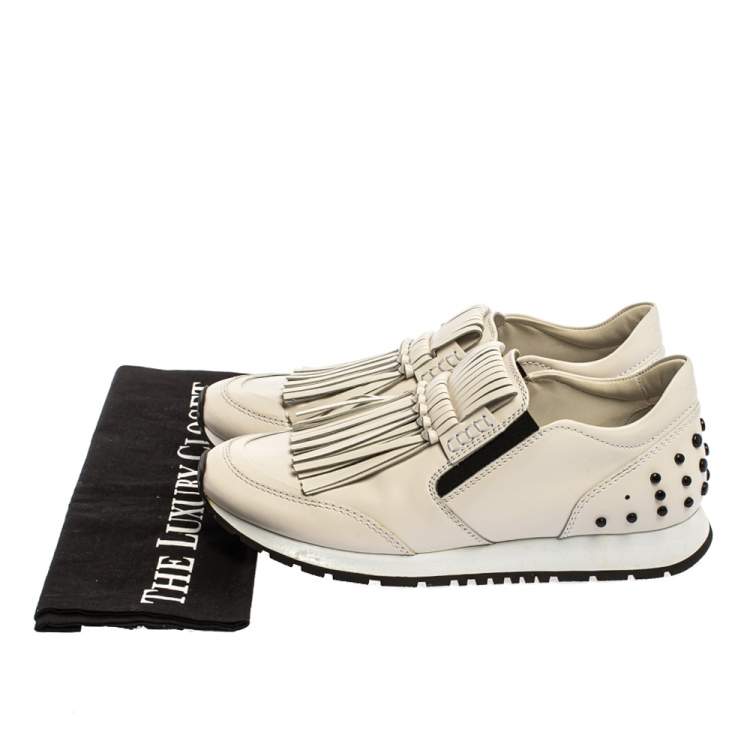 Pre Owned Tod's White Leather Fringe Detail Low Top Sneakers Size 37