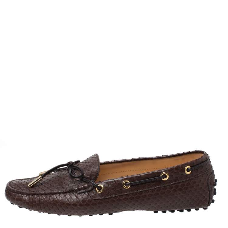 Pre Owned Tod's Brown Python Leather Bow Slip On Loafers Size 38.5