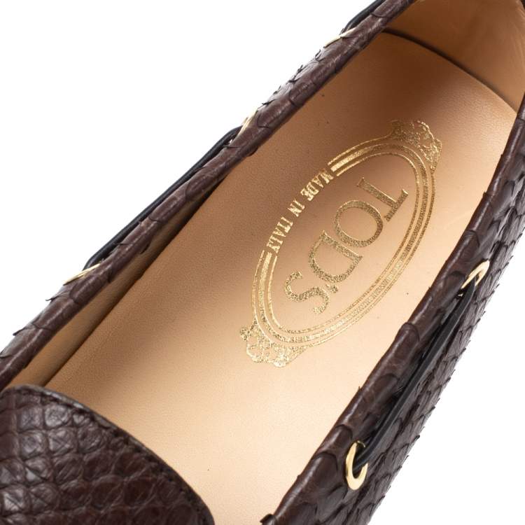Pre Owned Tod's Brown Python Leather Bow Slip On Loafers Size 38.5
