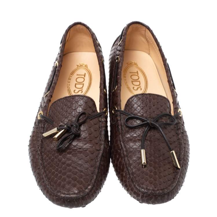 Pre Owned Tod's Brown Python Leather Bow Slip On Loafers Size 38.5