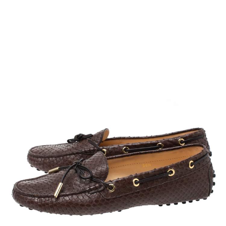 Pre Owned Tod's Brown Python Leather Bow Slip On Loafers Size 38.5