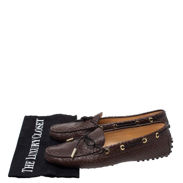 Pre Owned Tod's Brown Python Leather Bow Slip On Loafers Size 38.5