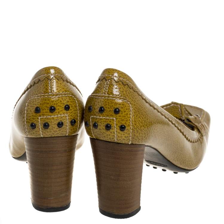 Pre Owned Tod's Yellow/Green Patent Leather Square Toe Loafer Pumps Size 39.5