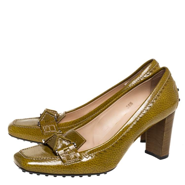 Pre Owned Tod's Yellow/Green Patent Leather Square Toe Loafer Pumps Size 39.5