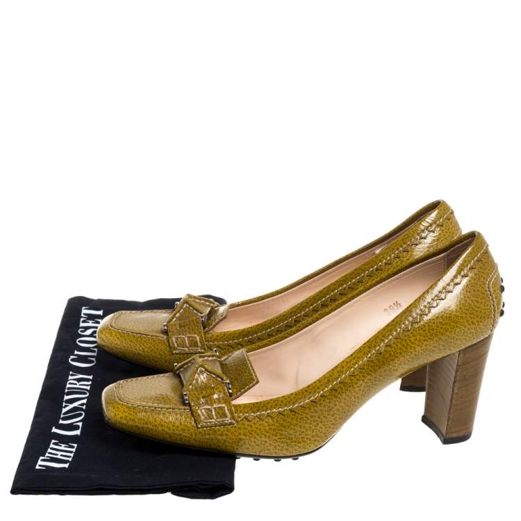 Pre Owned Tod's Yellow/Green Patent Leather Square Toe Loafer Pumps Size 39.5