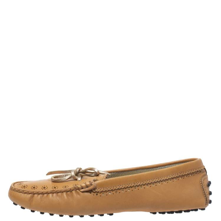 Pre Owned Tod's Tan Perforated Leather Bow Loafers Size 37.5