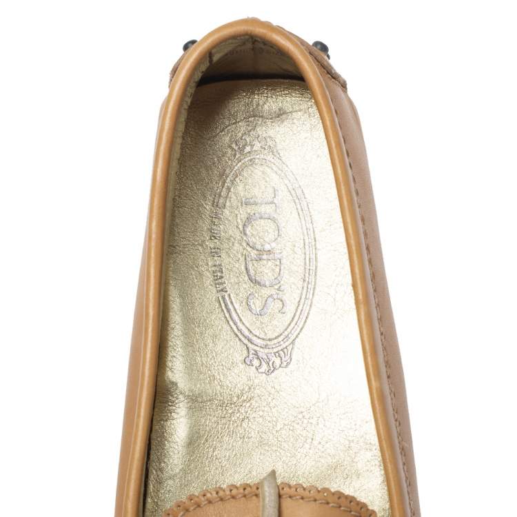 Pre Owned Tod's Tan Perforated Leather Bow Loafers Size 37.5
