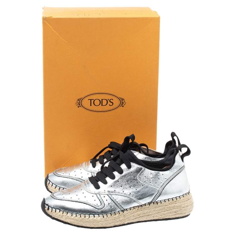 Pre Owned Tod's Metallic Silver Perforated Leather Espadrille Low Top Sneakers Size 39