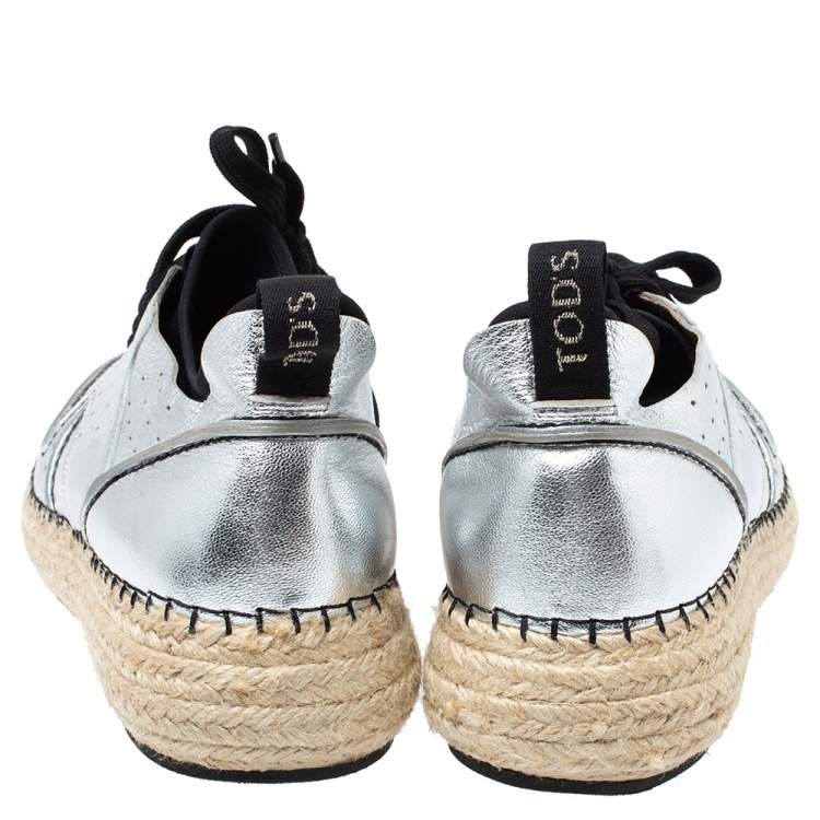 Pre Owned Tod's Metallic Silver Perforated Leather Espadrille Low Top Sneakers Size 39