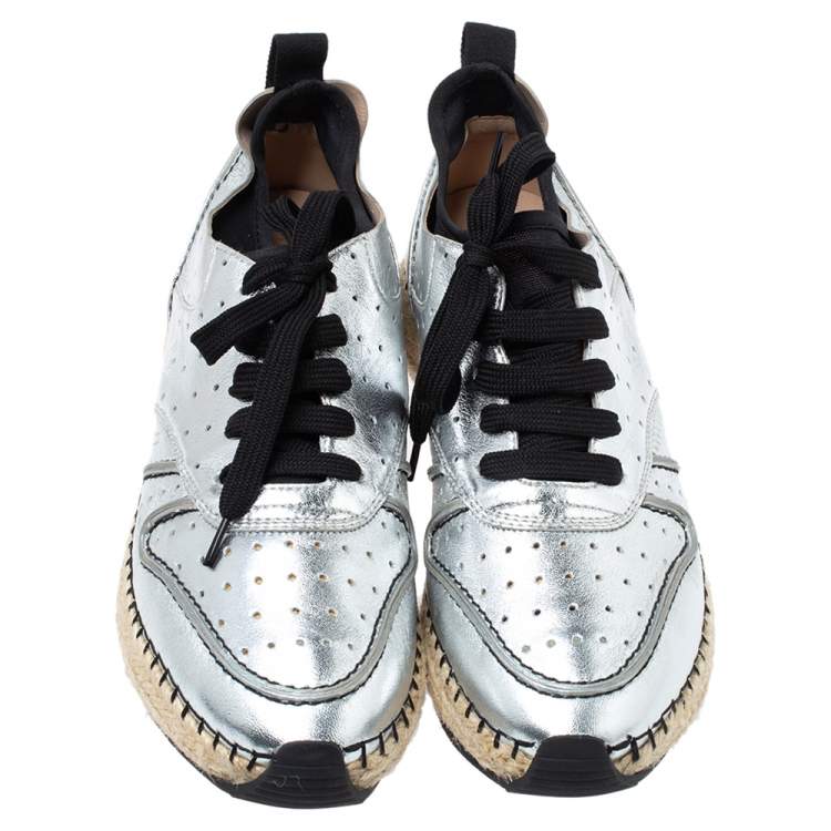 Pre Owned Tod's Metallic Silver Perforated Leather Espadrille Low Top Sneakers Size 39