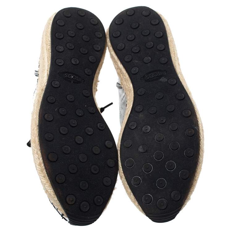 Pre Owned Tod's Metallic Silver Perforated Leather Espadrille Low Top Sneakers Size 39