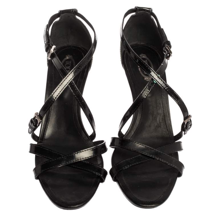 Pre Owned Tod's Black Patent Leather Ankle Strap Sandals Size 41