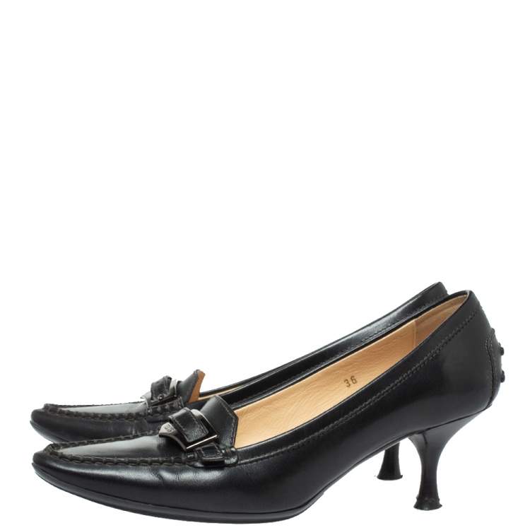 Pre Owned  Tod's Black Leather Pointed Toe Penny Loafer Pumps Size 36