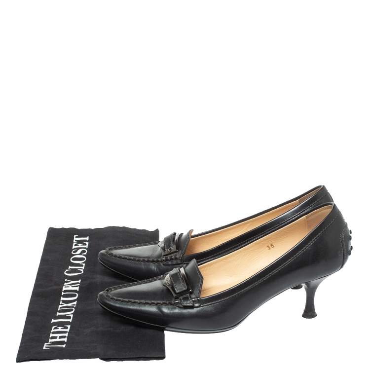 Pre Owned  Tod's Black Leather Pointed Toe Penny Loafer Pumps Size 36