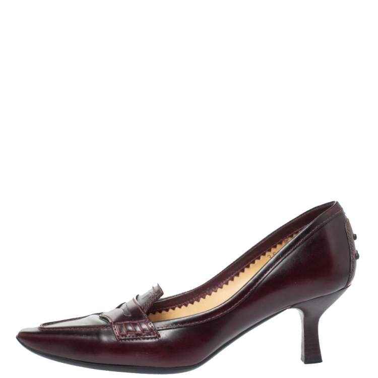 Pre Owned  Tod's Burgundy Leather Pointed Toe Penny Loafer Pumps Size 36