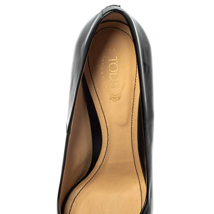 Pre Owned Tod's Black Patent Leather Peep Toe Platform Pumps Size 38.5