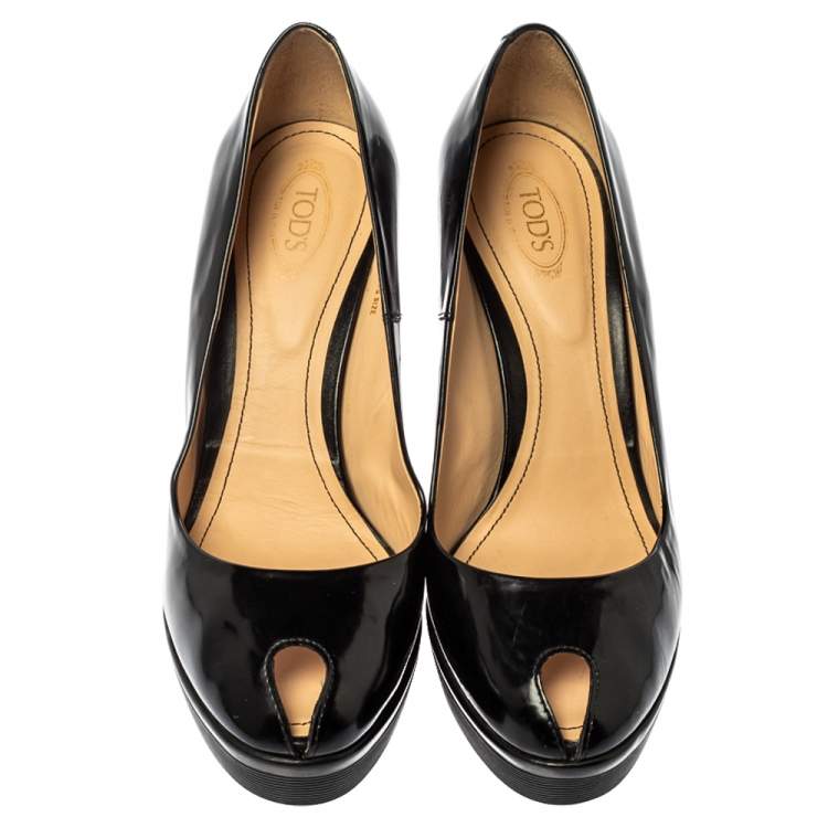 Pre Owned Tod's Black Patent Leather Peep Toe Platform Pumps Size 38.5