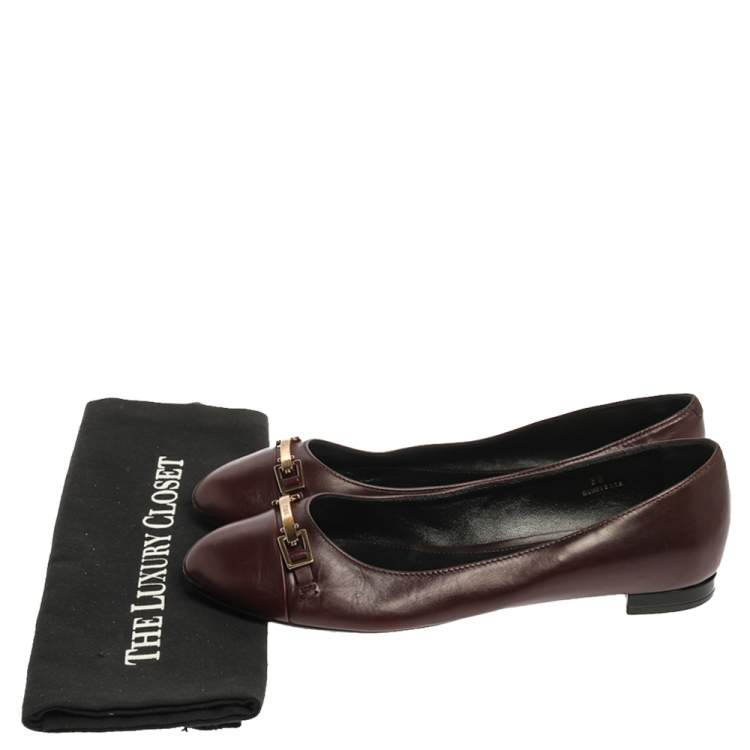 Pre Owned Tod's Brown Leather Cap Toe Buckle Ballet Flats Size 38