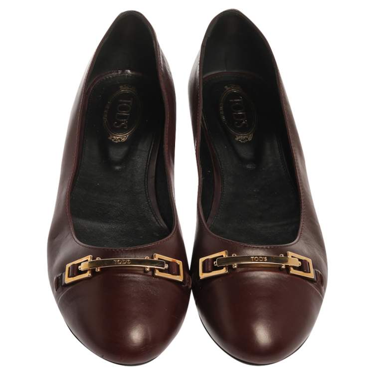 Pre Owned Tod's Brown Leather Cap Toe Buckle Ballet Flats Size 38
