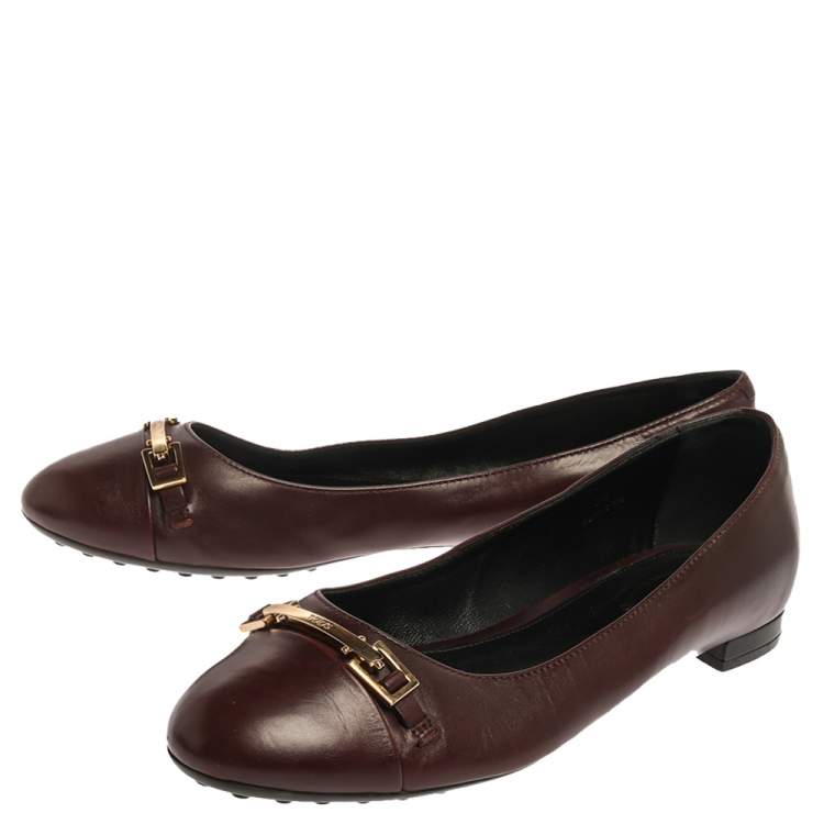 Pre Owned Tod's Brown Leather Cap Toe Buckle Ballet Flats Size 38