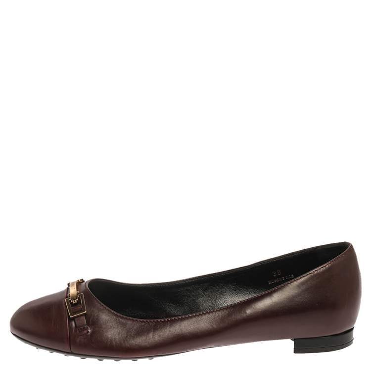 Pre Owned Tod's Brown Leather Cap Toe Buckle Ballet Flats Size 38