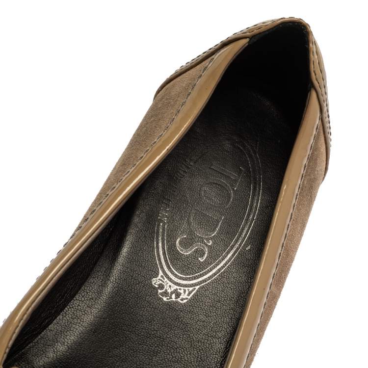 Pre Owned Tod's Beige Patent, Lizard Embossed Leather And Suede Bow Flats Size 36