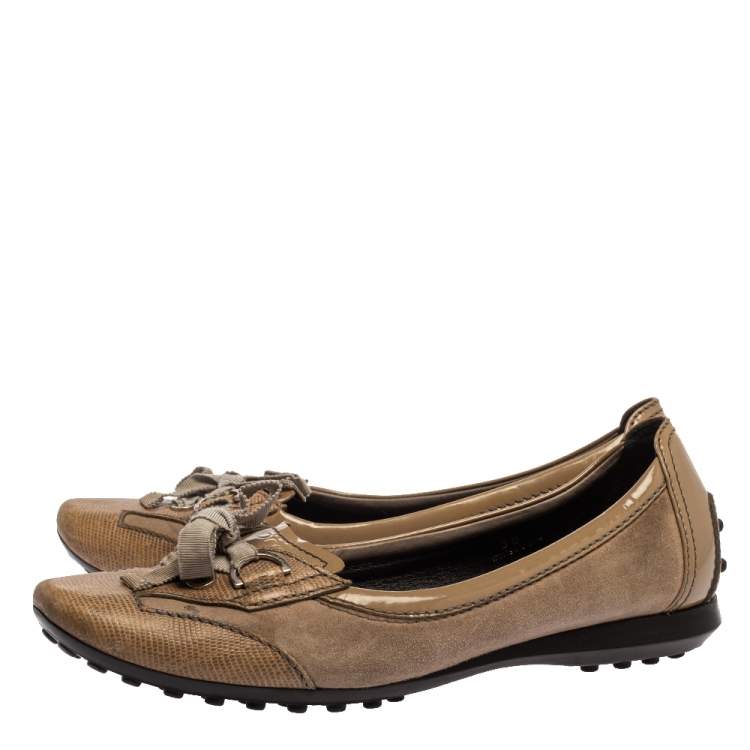 Pre Owned Tod's Beige Patent, Lizard Embossed Leather And Suede Bow Flats Size 36