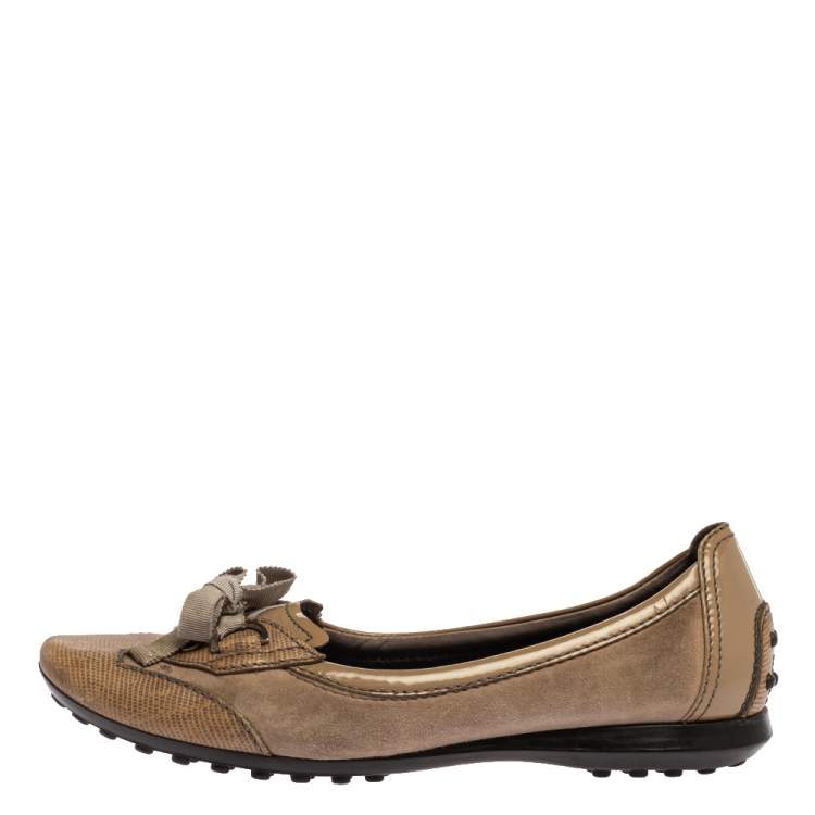 Pre Owned Tod's Beige Patent, Lizard Embossed Leather And Suede Bow Flats Size 36