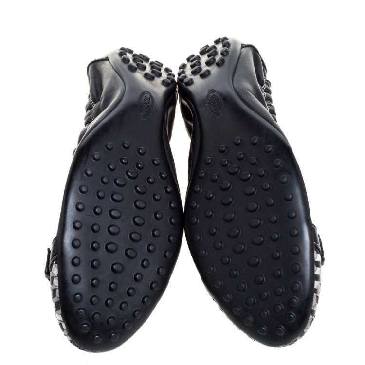 Pre Owned Tod's Black Leather Cap Toe Buckle Detail Scrunch Ballet Flats Size 38