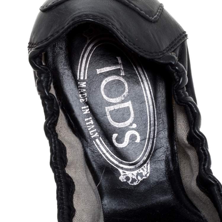 Pre Owned Tod's Black Leather Cap Toe Buckle Detail Scrunch Ballet Flats Size 38