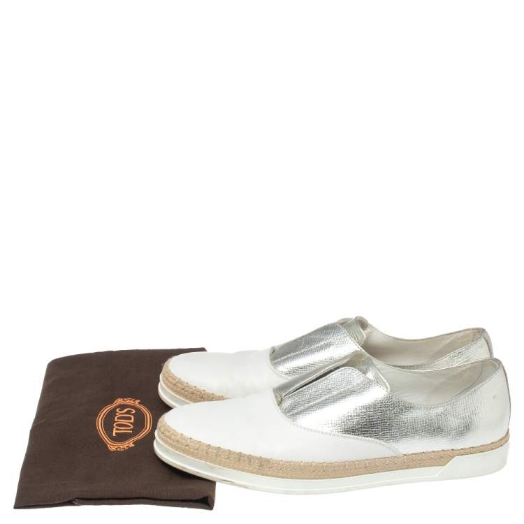 Pre Owned Tod's Metallic Silver and White Leather Francesina Espadrille Slip On Sneakers Size 39