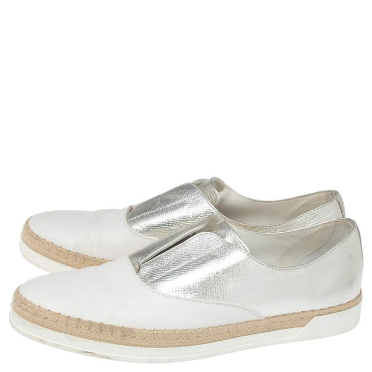 Pre Owned Tod's Metallic Silver and White Leather Francesina Espadrille Slip On Sneakers Size 39