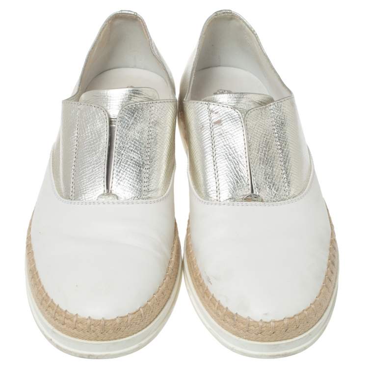 Pre Owned Tod's Metallic Silver and White Leather Francesina Espadrille Slip On Sneakers Size 39