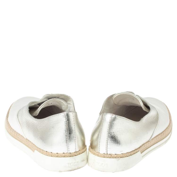 Pre Owned Tod's Metallic Silver and White Leather Francesina Espadrille Slip On Sneakers Size 39