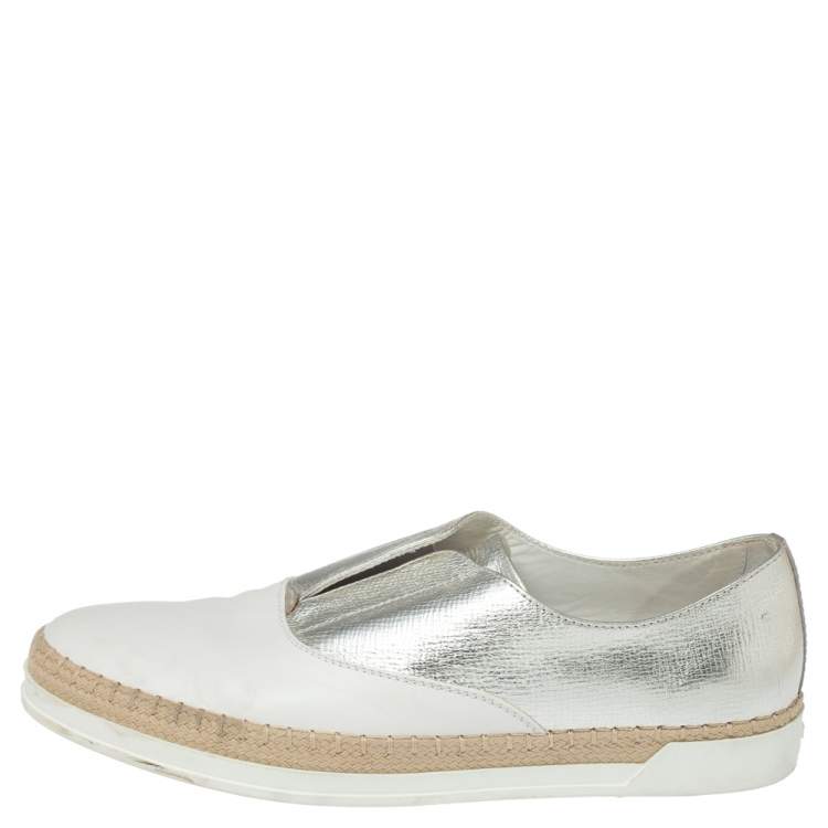 Pre Owned Tod's Metallic Silver and White Leather Francesina Espadrille Slip On Sneakers Size 39