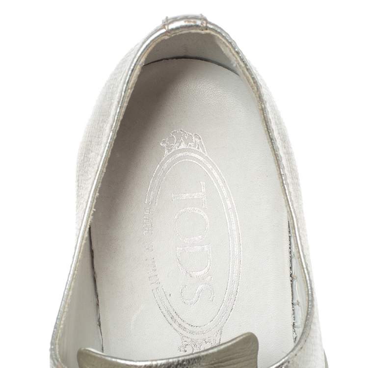 Pre Owned Tod's Metallic Silver and White Leather Francesina Espadrille Slip On Sneakers Size 39