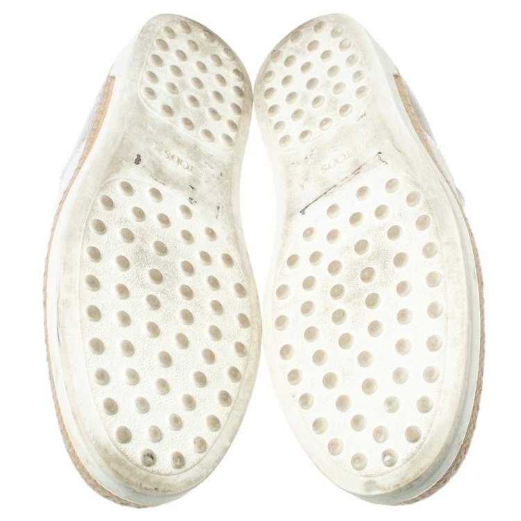 Pre Owned Tod's Metallic Silver and White Leather Francesina Espadrille Slip On Sneakers Size 39