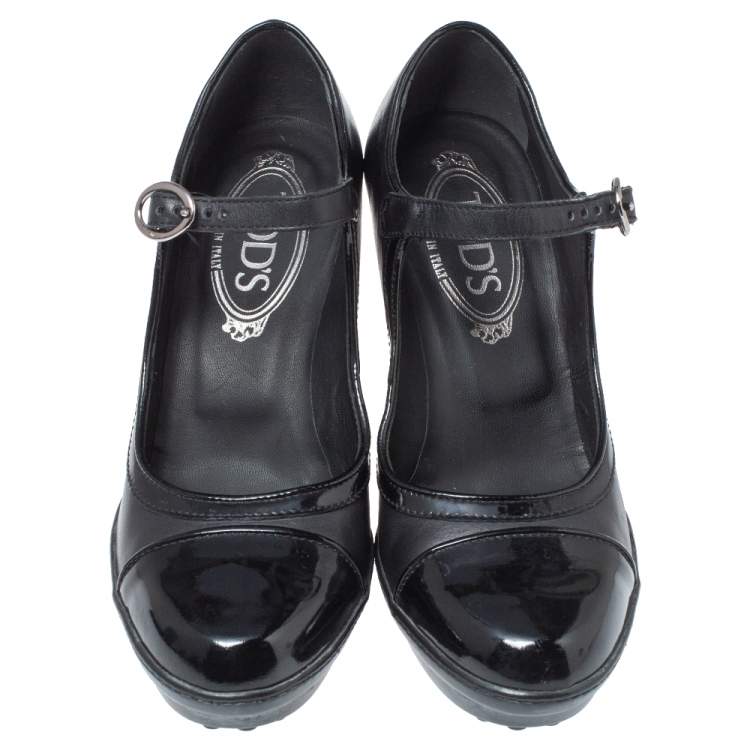 Pre Owned Tod's Black Patent Leather Mary Jane Block Heel Platform Pumps Size 35