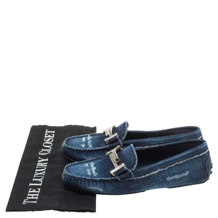 Pre Owned Tod's Blue Distressed Denim Double T Crystal Embellished Loafers Size 36.5