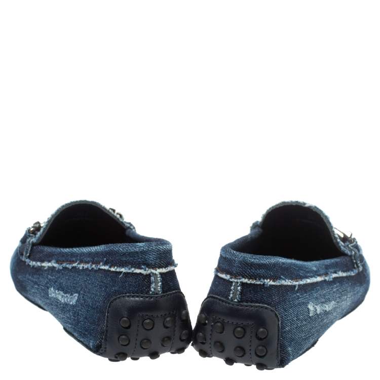 Pre Owned Tod's Blue Distressed Denim Double T Crystal Embellished Loafers Size 36.5