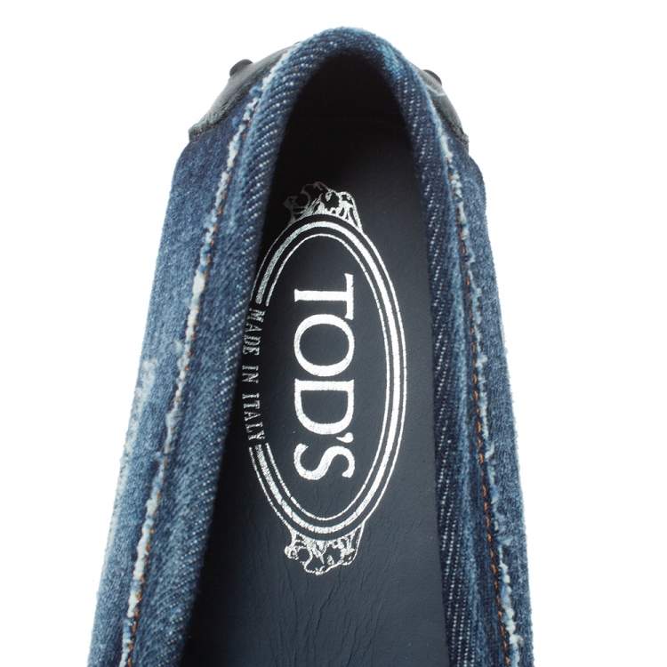 Pre Owned Tod's Blue Distressed Denim Double T Crystal Embellished Loafers Size 36.5