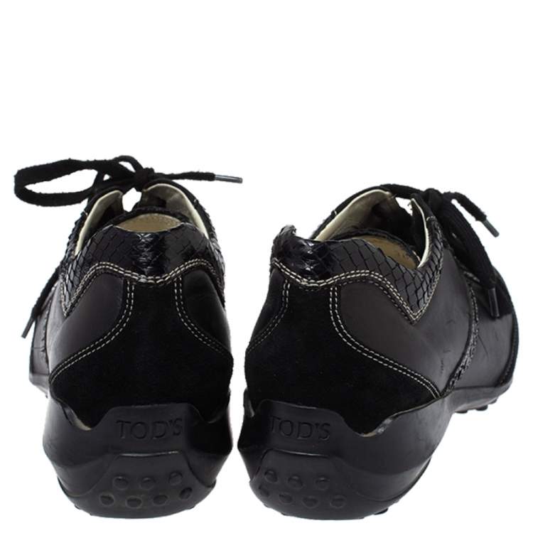 Pre Owned Tod's Black Leather, Suede and Python Trim Lace Low Top Sneakers Size 36