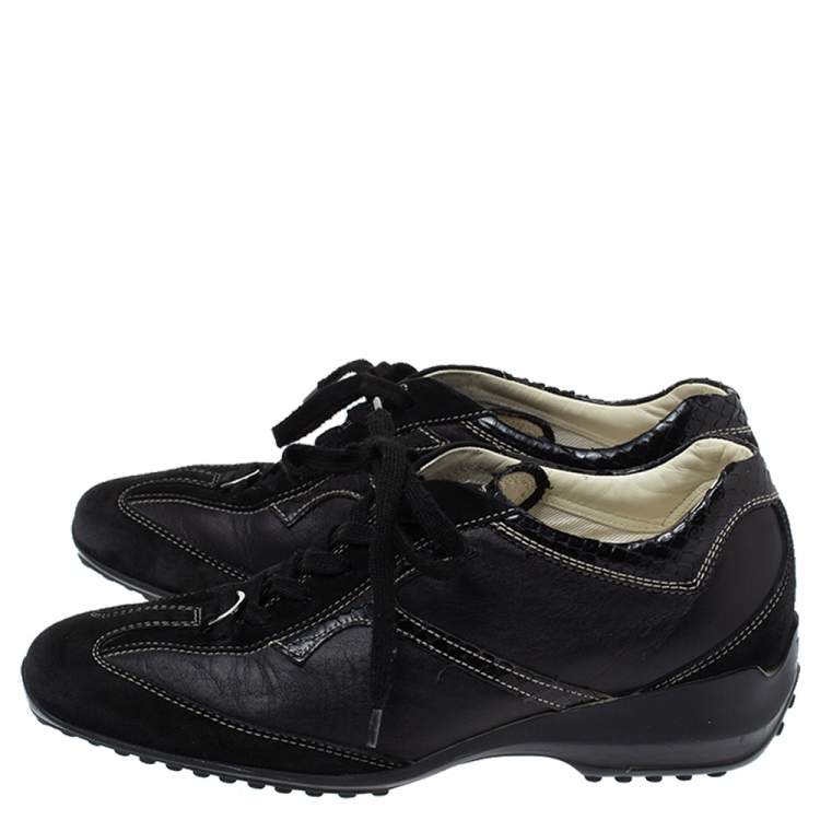 Pre Owned Tod's Black Leather, Suede and Python Trim Lace Low Top Sneakers Size 36
